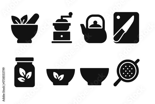 Mint Kitchen Icons. Solid, filled icon set of mint-related kitchen items: mortar and pestle, spice grinder, tea kettle, cutting board, knife, glass jar, mixing