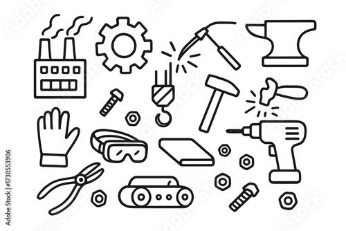 Factory Tools Doodle. Hand-drawn doodle illustration industrial metal factory, gear, welding torch, anvil, hammer, metal sheet, drill, pliers, bolts, nuts,