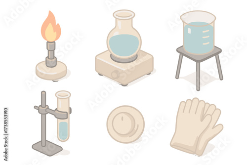 Laboratory Heating Tools. Isometric vector illustration set Laboratory heating tools: Bunsen burner with flame, hot plate under