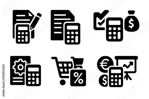 Calculator Icon Set. Solid, filled icon set of calculator usage: math homework, accounting sheet, tax form, budgeting, engineering calculation, shopping price