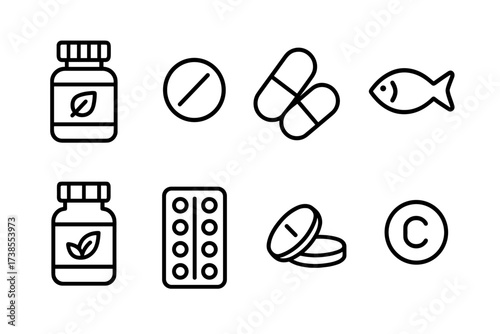 Natural Remedy Icons. Outline icon set of natural remedy vitamins and supplements: vitamin bottle, tablet, capsule, fish oil, herbal supplement, multivitamin,