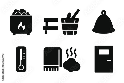 Sauna Essential Icons. Solid, filled icon set of sauna elements: sauna stove, wooden bench, bucket with ladle, sauna hat, thermometer, towel, steam cloud,