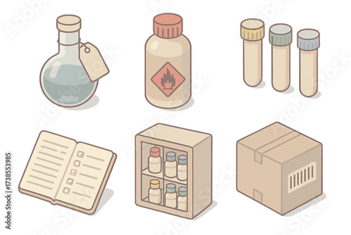 Chemical Storage Isometric Illustration. Isometric vector illustration set Chemical storage and labeling: flask with chemical