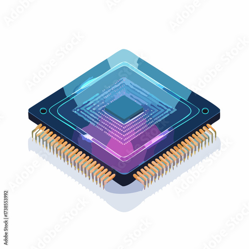 Futuristic isometric illustration of a microchip with glowing blue and purple energy circuits, symbolizing advanced technology and digital innovation