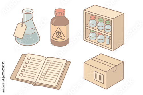 Chemical Storage Isometric Illustration. Isometric vector illustration set Chemical storage and labeling: flask with chemical