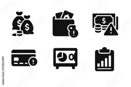 Financial Overload Icons. Solid, filled icon set of financial overload: debt pile, overloaded wallet, credit card maxed, bill stack, warning sign, bank vault,