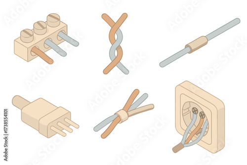 Electrical Wiring Icons. Isometric vector illustration set Electrical wiring connections: terminal block with screws, twisted pair