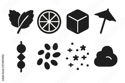 Juice Garnish Icons. Solid, filled icon set of juice garnish and toppings: mint leaf, citrus slice, ice cube, umbrella stick, fruit skewer, chia seeds, spice