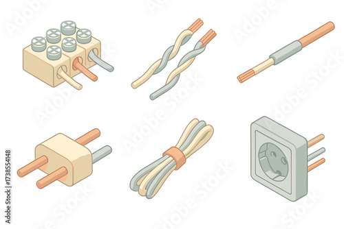 Electrical Wiring Icons. Isometric vector illustration set Electrical wiring connections: terminal block with screws, twisted pair