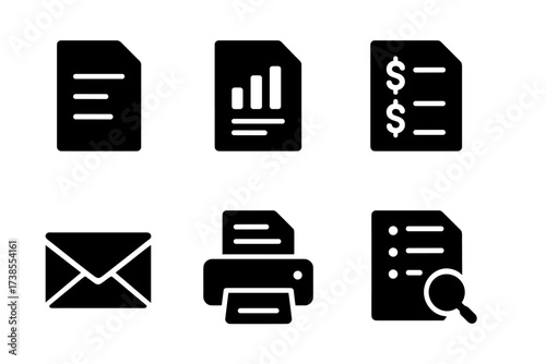 Monthly Statement Icons. Solid, filled icon set of monthly statements: document icon, bar graph, summary sheet, dollar column, envelope mail,