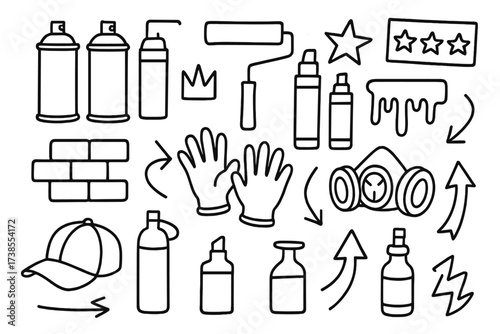 Graffiti Tool Doodles. Graffiti tools. Hand-drawn doodle illustration graffiti tools spray paint cans, paint roller, marker pens, stencils, cap, gloves, mask,