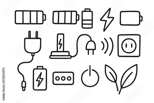 Charging Symbols Doodles. Charging Symbols. Hand-drawn doodle illustration battery icons, lightning bolt, plug, cable, adapter, outlet, dock, indicator lights,