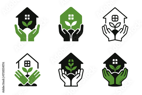 Garden Logo Variations. Home and garden improvement. Set Logo of home and garden improvement: gardening gloves and soil. harmonious logo variations of the same