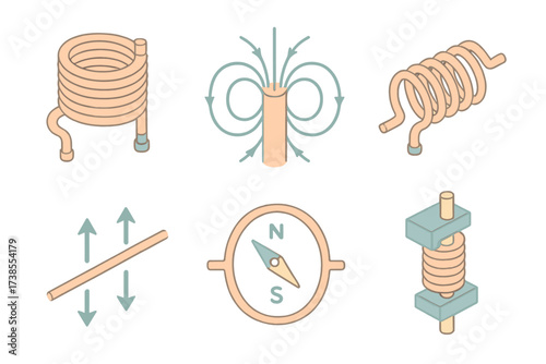 Magnetic Field Illustration. Isometric vector illustration set Magnetism and conductor wire: coiled wire electromagnet, magnetic