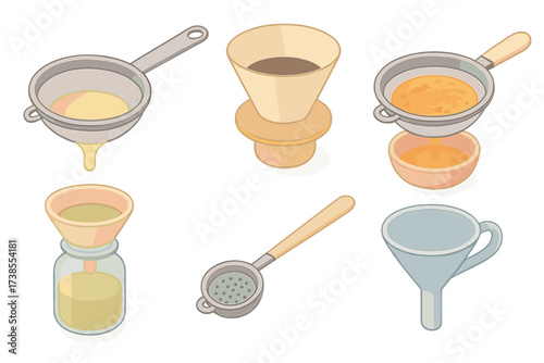 Kitchen Straining Tools. Isometric vector illustration set Kitchen straining and filtering: metal sieve with liquid, coffee filter