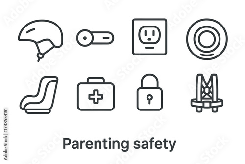 Parenting Safety Icons. Outline icon set of parenting safety: helmet, baby proofing, outlet cover, smoke detector, car seat, first aid kit, lock, safety