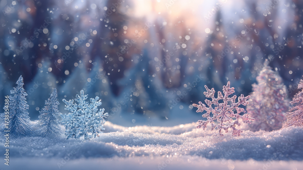 Naklejka premium A stunning, ethereal winter scene featuring large, crystalline snowflakes (one blue, one pink) and miniature frosted pine trees nestled in a mound of glittering snow.