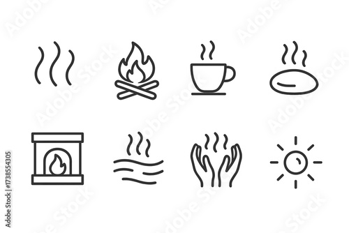 Steam and Warmth Icons. Outline icon set of steam and warmth: rising steam, fire pit, warm cup, heated stone, fireplace, thermal spring, warm hands, glowing
