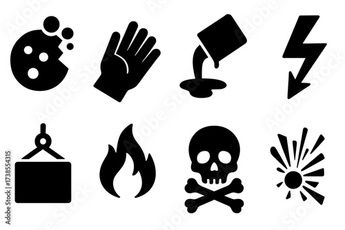 Metal Hazard Icons. Solid, filled icon set of metal hazards: rust, sharp edge, molten metal, electric shock, heavy load, fire hazard, toxic fumes, explosion