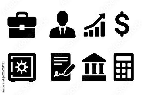 Wealth Management Icons. Solid, filled icon set of wealth management: portfolio briefcase, financial advisor, investment chart, dollar sign, savings vault,