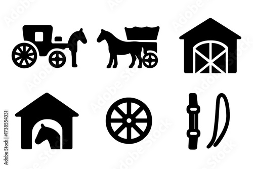 Manor Transport Icons. Solid, filled icon set of manor transport: carriage, horse, wagon, carriage house, stable, carriage wheel, harness, reins. Solid, filled
