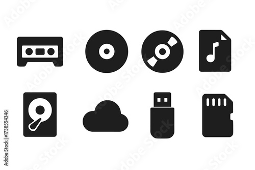 Recording Media Icons. Solid, filled icon set of recording media: cassette tape, vinyl record, CD, digital file, hard drive, cloud storage, USB drive, memory