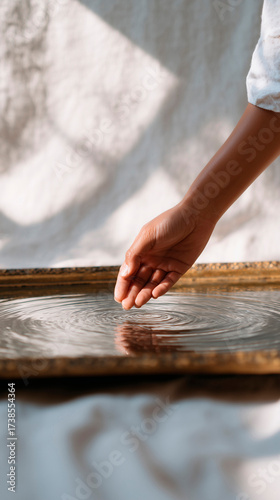 A hand gently touching water, creating ripples in a frame.