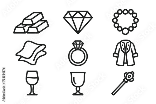 Luxury Icon Set. Outline icon set of palace luxury and opulence: gold bar, diamond, silk fabric, pearl necklace, ruby ring, velvet robe, crystal glass, golden