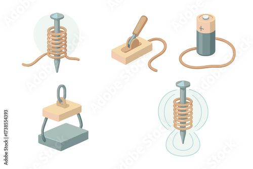 Electromagnet Components Illustrated. Isometric vector illustration set Electromagnet concept: coiled wire with current,