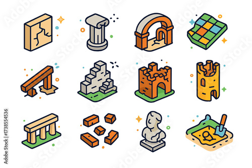 Colorful Architectural Icons. Architectural remains. Colorful isometric vector icons set of architectural remains: cracked wall, ruined column, broken arch,