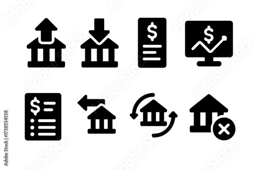 Financial Icons Grid. Solid, filled icon set of financial account actions: deposit icon, withdraw arrow, account statement, balance chart, transaction list,