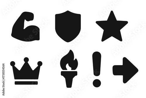 Boldness Icon Set. Solid, filled icon set of boldness traits: strong arm, shield, star, crown, megaphone, fire torch, exclamation mark, forward arrow. [Solid,