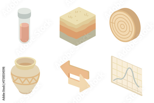Archaeological Dating Techniques. Isometric vector illustration set Archaeological dating techniques: carbon dating vial,