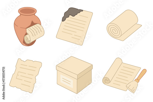 Archaeological Manuscript Icons. Isometric vector illustration set Archaeological manuscript finds: scroll in broken jar,