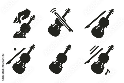 Violin Techniques Icons. Solid, filled icon set of violin playing techniques: pizzicato, vibrato, legato, staccato, double stop, tremolo, harmonics, spiccato.
