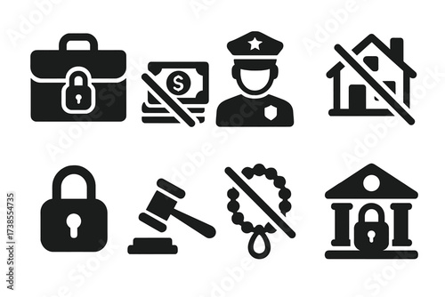 Asset Forfeiture Icons. Solid, filled icon set of asset forfeiture: locked briefcase, confiscated cash, police officer, seized property, security lock, auction