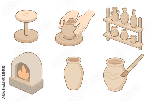 Ancient Pottery Icons. Isometric vector illustration set Ancient pottery workshop: potter’s wheel icon, clay shaping hands, drying