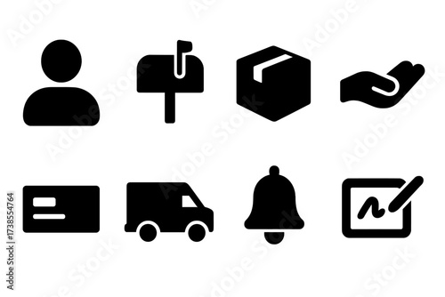Recipient Icon Set. Solid, filled icon set of recipient: person silhouette, mailbox, parcel box, open hand, address label, delivery van, notification bell,
