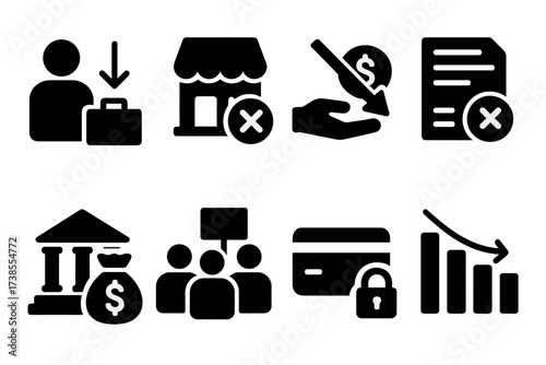 Economic Downturn Icons. Solid, filled icon set of economic downturn effects: layoffs, business closure, reduced investment, loan default, government bailout,