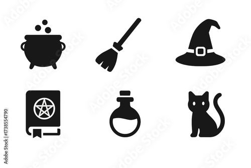 Witchcraft Icons Set. Solid, filled icon set of witchcraft essentials: cauldron, broomstick, pointed hat, spellbook, wand, potion vial, pentacle, black cat.