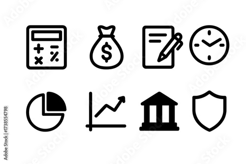 Severance Pay Icons. Solid, filled icon set of severance pay calculation: calculator, money bag, document with pen, clock, pie chart, graph, bank building,