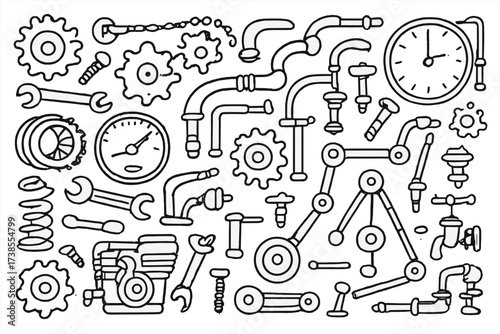 Intricate Mechanical Doodles. Hand-drawn doodle illustration intricate machinery gears, cogs, bolts, screws, springs, chains, pulleys, levers, pipes, valves,