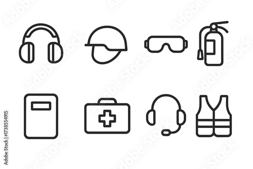 Artillery Safety Icons. Outline icon set of artillery safety equipment: ear protection, helmet, safety goggles, fire extinguisher, blast shield, first aid kit,