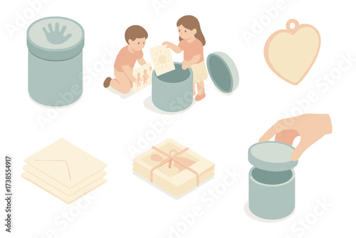 Family Memory Capsule. Isometric vector illustration set Family memory capsule: capsule with handprint symbol, children placing