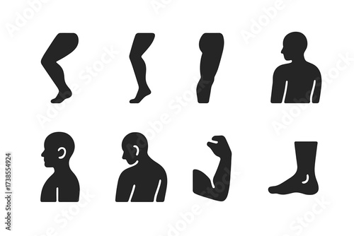 Cool Down Icon Set. Solid, filled icon set of cool down body parts: hamstring, calf, quadriceps, shoulder, neck, back, wrist, ankle. [Line icons in only black