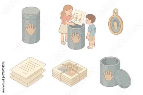 Family Memory Capsule. Isometric vector illustration set Family memory capsule: capsule with handprint symbol, children placing