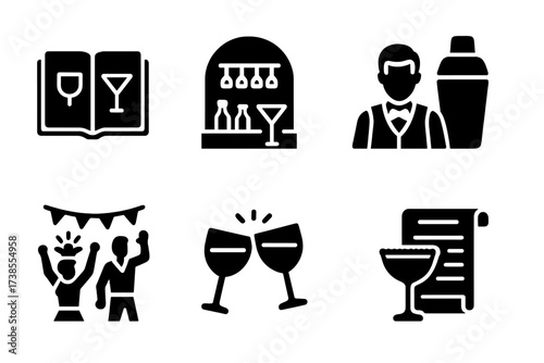 Vintage Cocktail Icons. Solid, filled icon set of salt rim cocktail history and culture: vintage cocktail book, old bar, classic bartender, retro shaker,