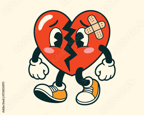 Sad broken heart character with bandaids
