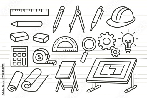 Blueprint Tools Icons. Hand-drawn doodle illustration blueprint tools ruler, pencil, compass, protractor, drafting pen, eraser, calculator, measuring tape,