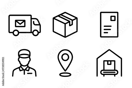 Postal Icon Set. Outline icon set of postal transportation: mail truck, package, envelope, shipping label, delivery person, postbox, GPS tracker, sorting